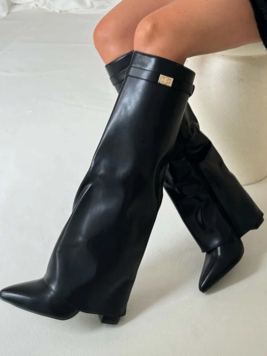 Wide Leg Leather Heeled Boots | Folded Design | Versatile Footwear for Casual or Dressy Occasions