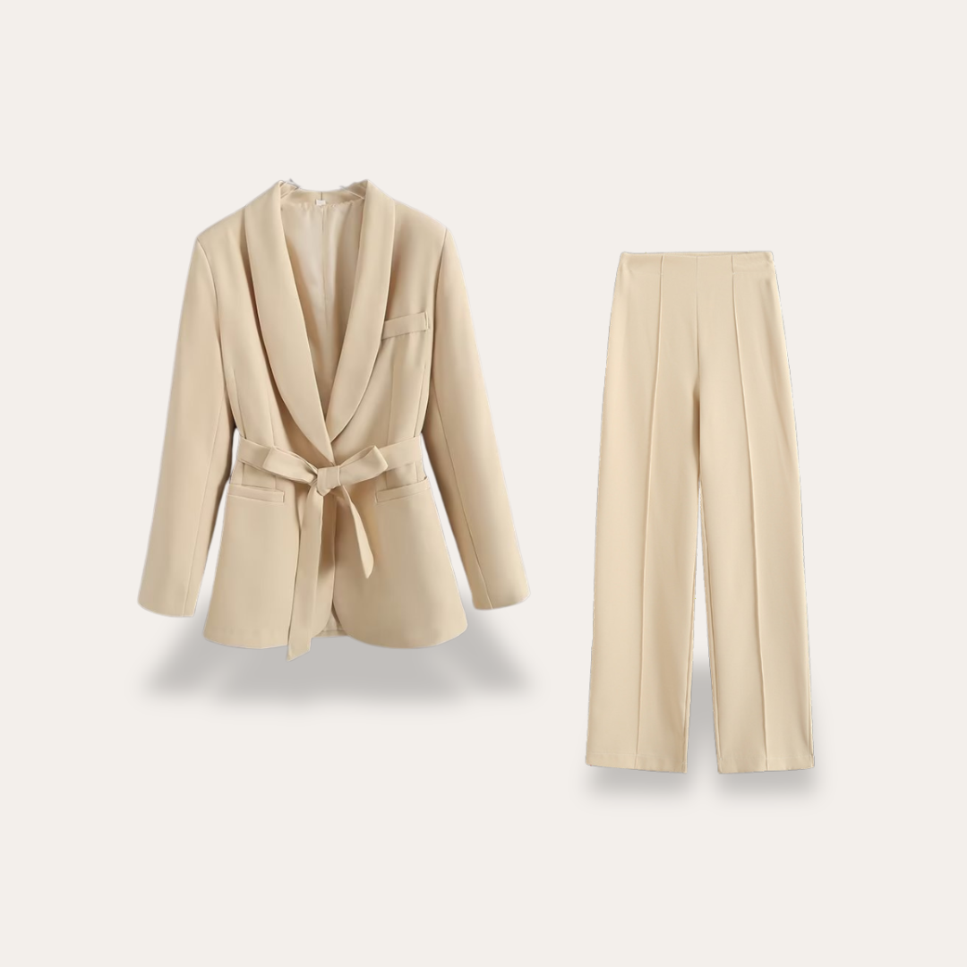 Women's Lightweight Belted Blazer and Wide Leg Trousers Set for Professional Office Wear