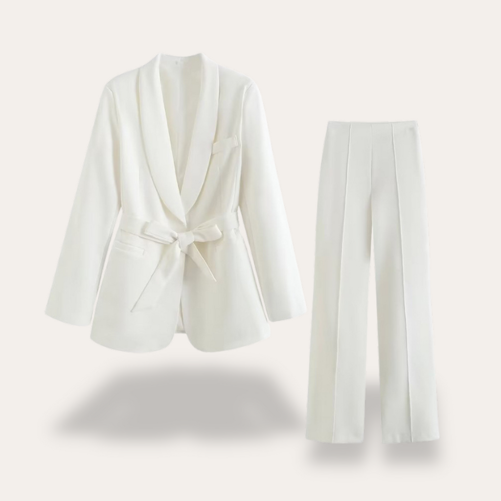 Women's Lightweight Belted Blazer and Wide Leg Trousers Set for Professional Office Wear