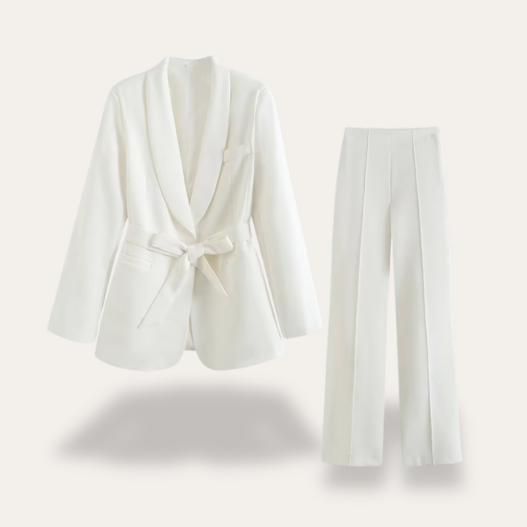 Women's Lightweight Belted Blazer and Wide Leg Trousers Set for Professional Office Wear