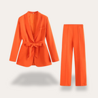 Women's Lightweight Belted Blazer and Wide Leg Trousers Set for Professional Office Wear