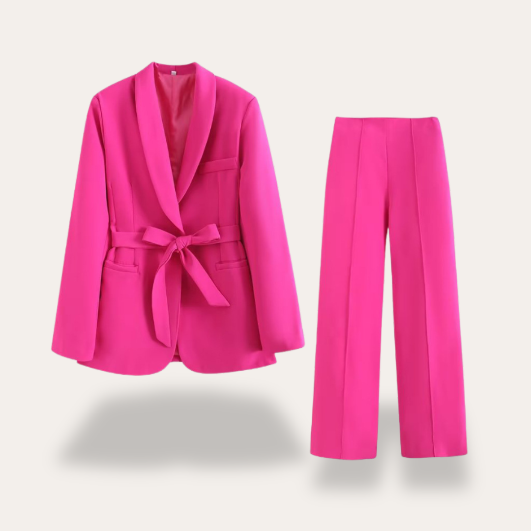 Women's Lightweight Belted Blazer and Wide Leg Trousers Set for Professional Office Wear