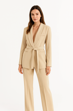 Women's Lightweight Belted Blazer and Wide Leg Trousers Set for Professional Office Wear