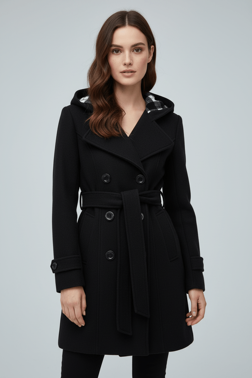 Women's Wool Blend Double-Breasted Hooded Coat for Cold Weather Fashion and Warmth