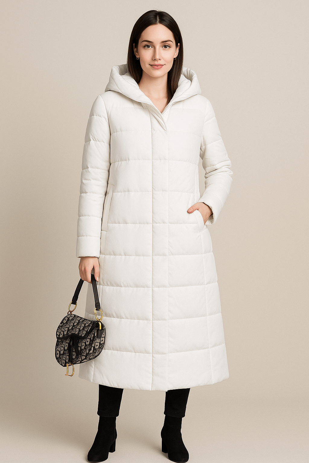 Women's Quilted Puffer Coat - High Collar, Full Zip - Cold Weather Outerwear