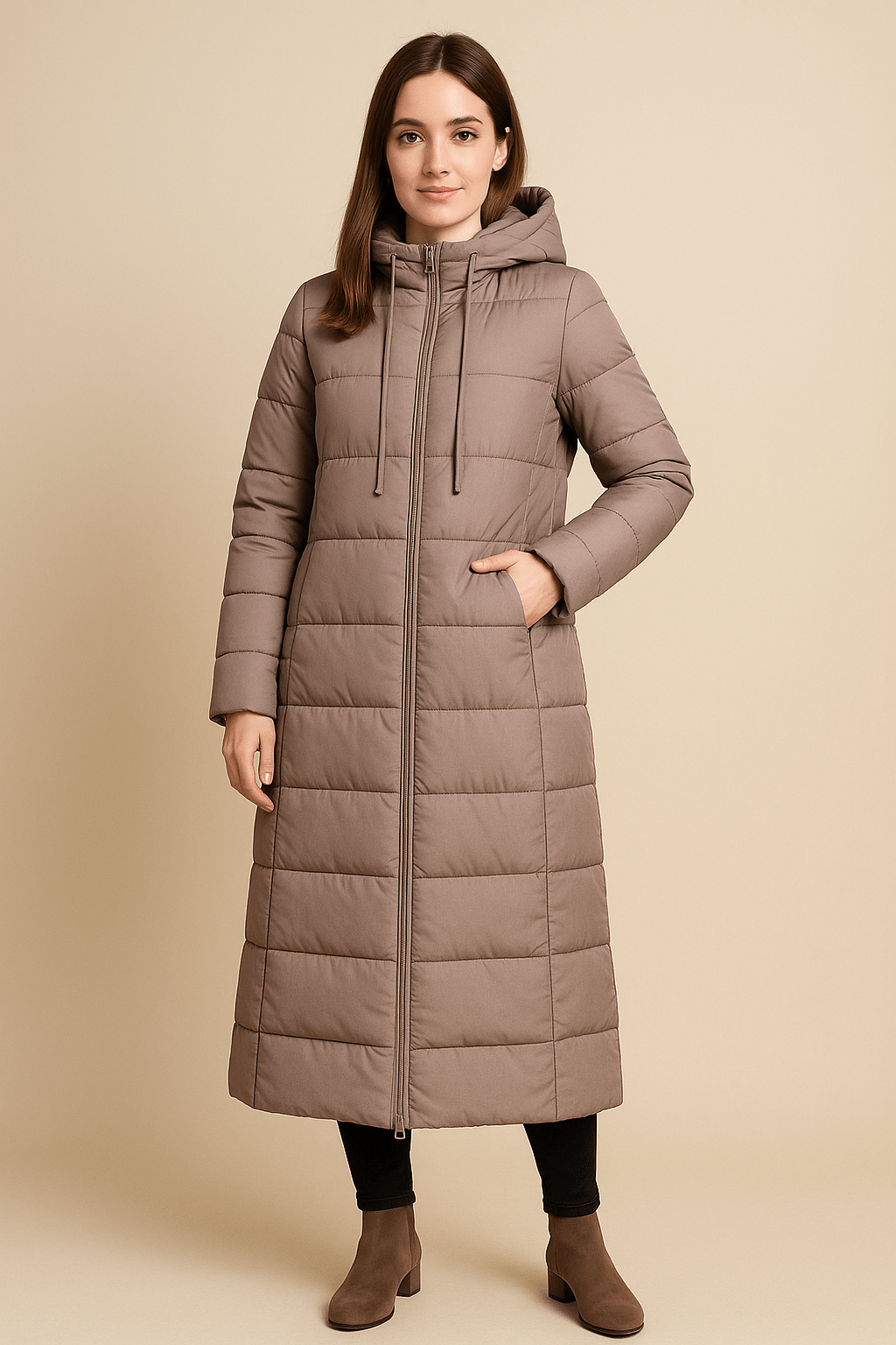 Women's Quilted Puffer Coat - High Collar, Full Zip - Cold Weather Outerwear