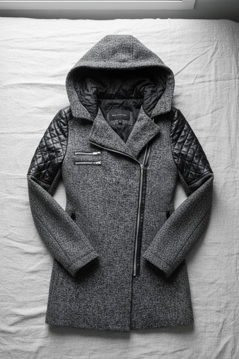 Women's Quilted Sleeve Tailored Jacket with Asymmetrical Zip Hood for Casual Everyday Wear
