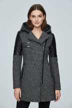 Women's Quilted Sleeve Tailored Jacket with Asymmetrical Zip Hood for Casual Everyday Wear