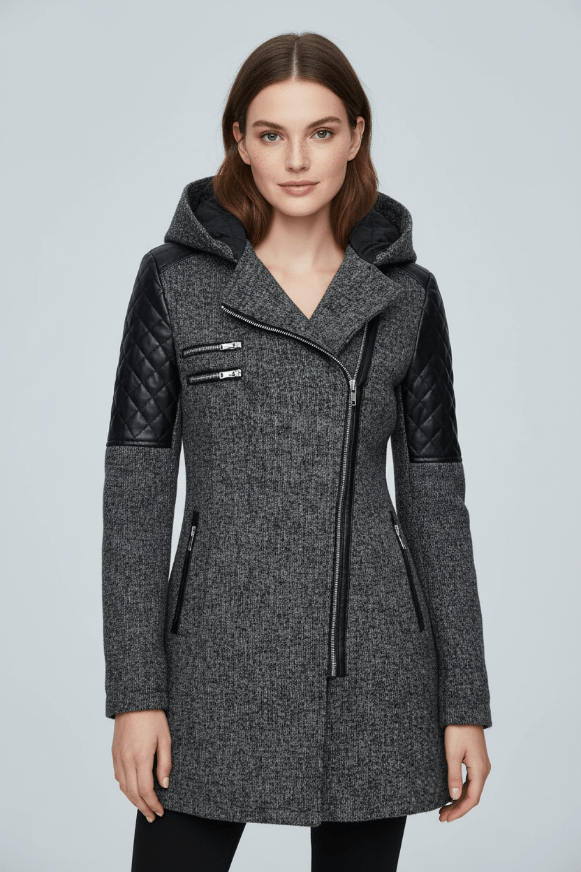 Women's Quilted Sleeve Tailored Jacket with Asymmetrical Zip Hood for Casual Everyday Wear