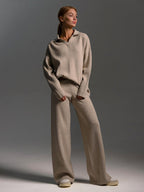Women's Relaxed Fit Collared Lounge Set - Soft Fabric, Casual Style for Home and Leisure Wear, Two Piece Outfit