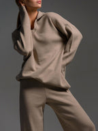 Women's Relaxed Fit Collared Lounge Set - Soft Fabric, Casual Style for Home and Leisure Wear, Two Piece Outfit