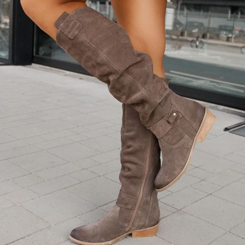 Women's Leather Side Zip Buckle Riding Boots - Stylish Equestrian and Casual Footwear - Comfortable Fit