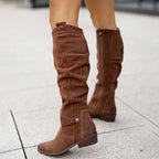Women's Leather Side Zip Buckle Riding Boots - Stylish Equestrian and Casual Footwear - Comfortable Fit