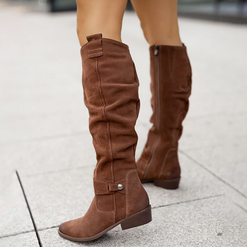 Women's Leather Side Zip Buckle Riding Boots - Stylish Equestrian and Casual Footwear - Comfortable Fit