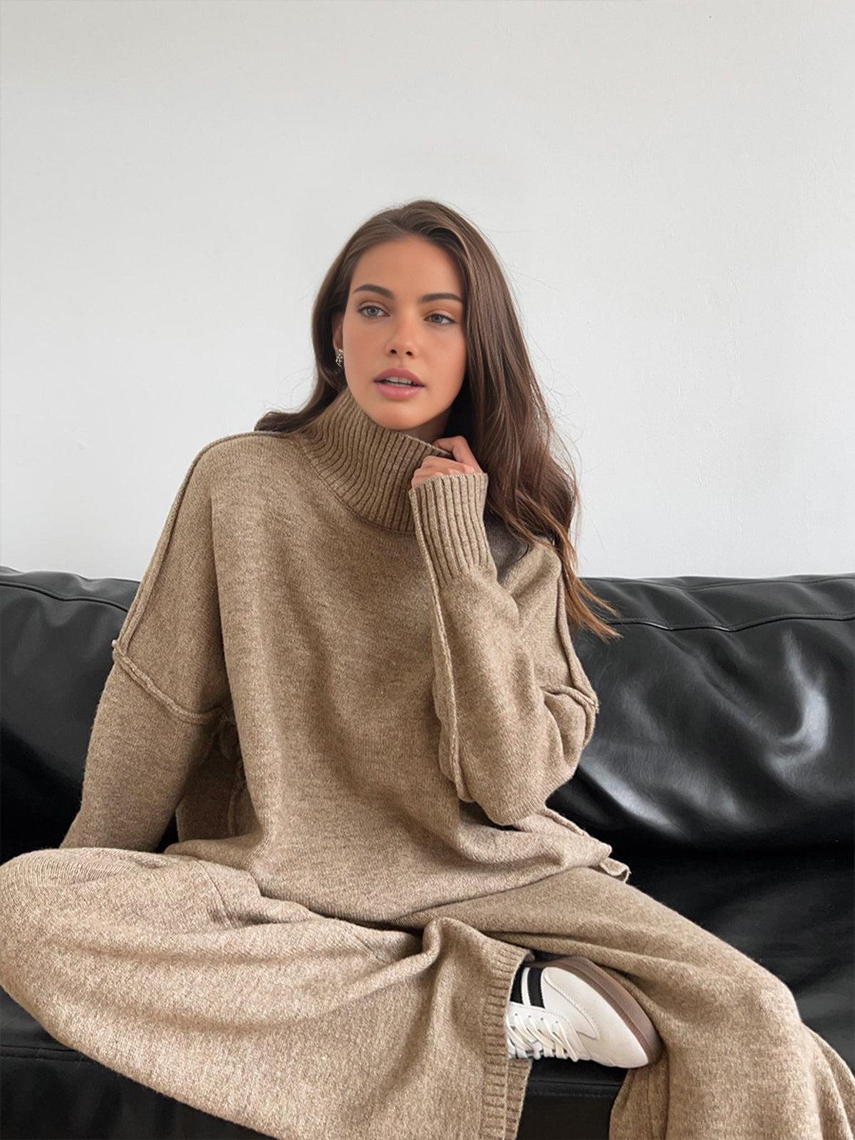 Women's Soft Knit Turtleneck Lounge Set - Cozy Casual Wear for Home Relaxation and Comfort
