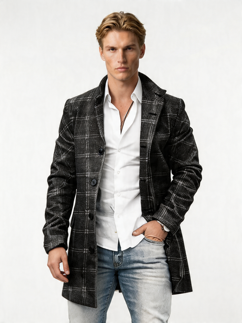 Houndstooth Checkered Wool Blend Long Coat | Stylish Overcoat for Men | Formal and Casual Wear