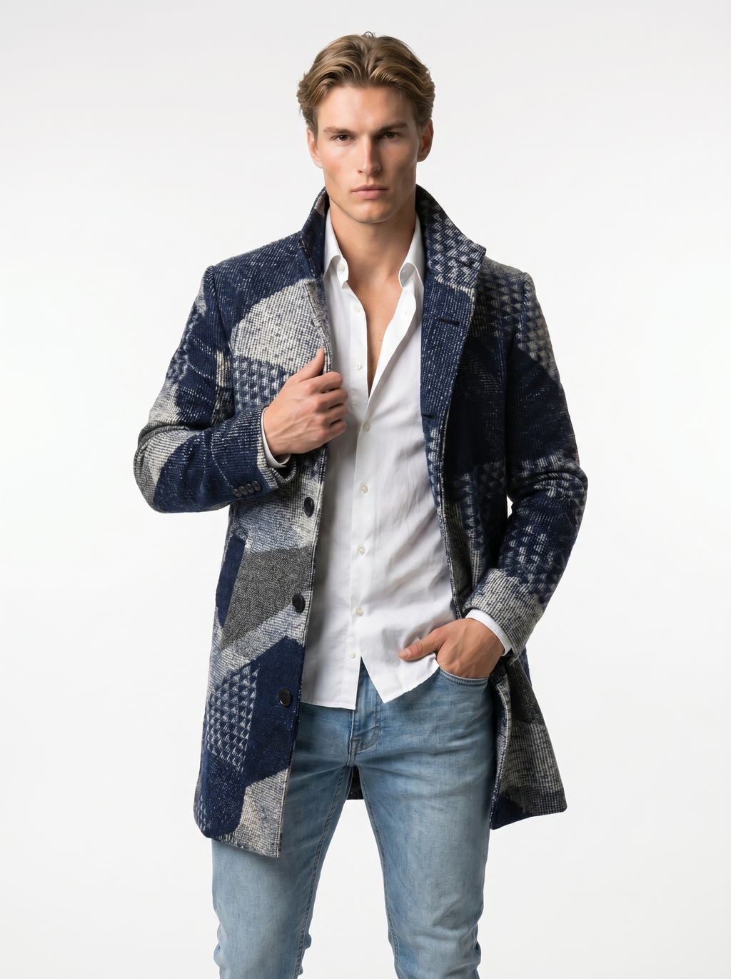 Houndstooth Checkered Wool Blend Long Coat | Stylish Overcoat for Men | Formal and Casual Wear