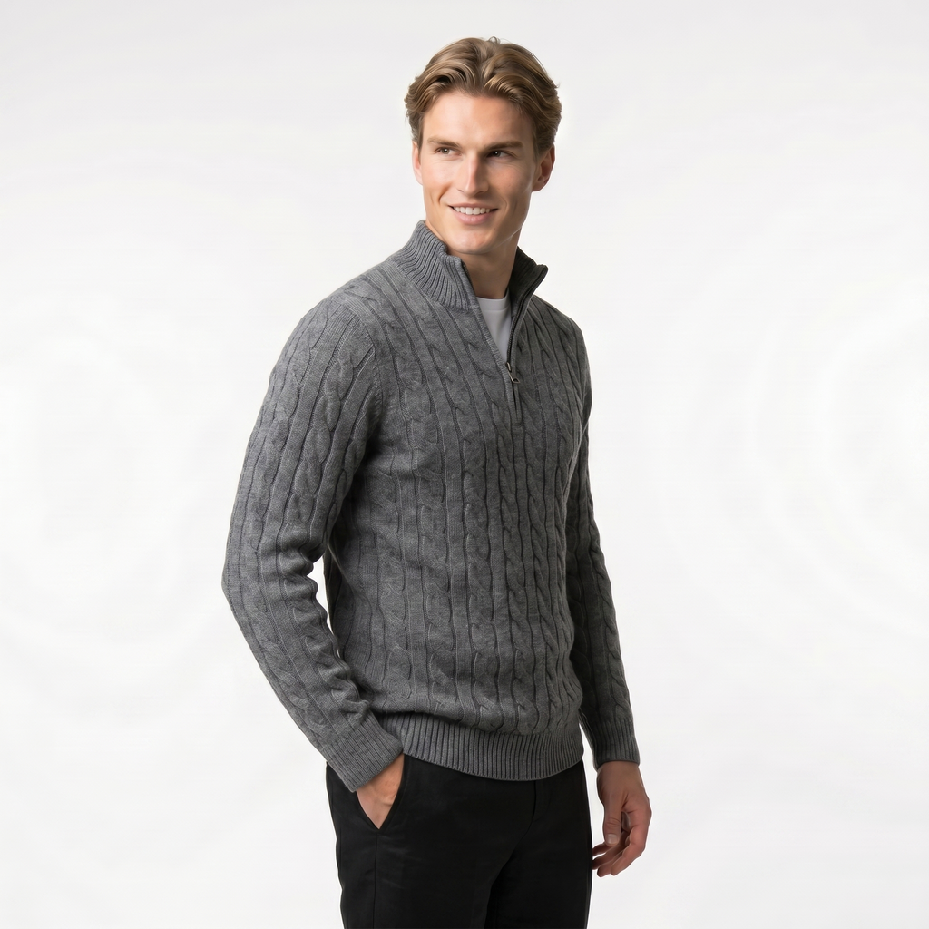 Men's Cable Knit Zip Neck Sweater | Warm Knit Fabric | Casual Layering for Cool Weather