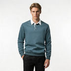 Men's Cotton Blend Long Sleeve Sweatshirt with Contrast Collar | Casual Pullover for Everyday Wear
