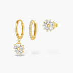 Gold Crystal Flower Stud and Hoop Earrings Set